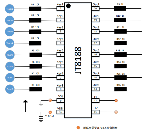 JT8188 是一款电容式中山八按键触摸控制芯片